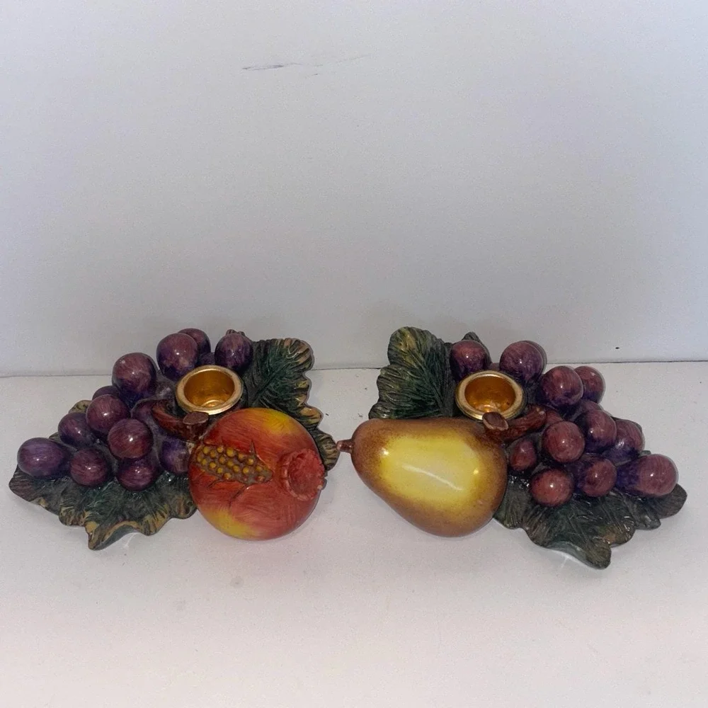 Vintage Hand Painted Fruit Candlestick Holders Pomegranate & Pear Grapes Set
